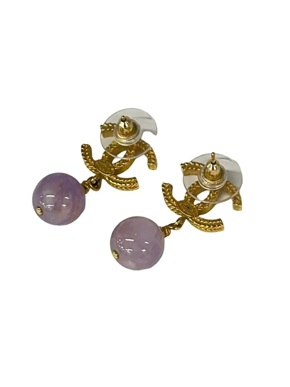 Chanel Earrings CC Logo Gold Light Purple Color Stone